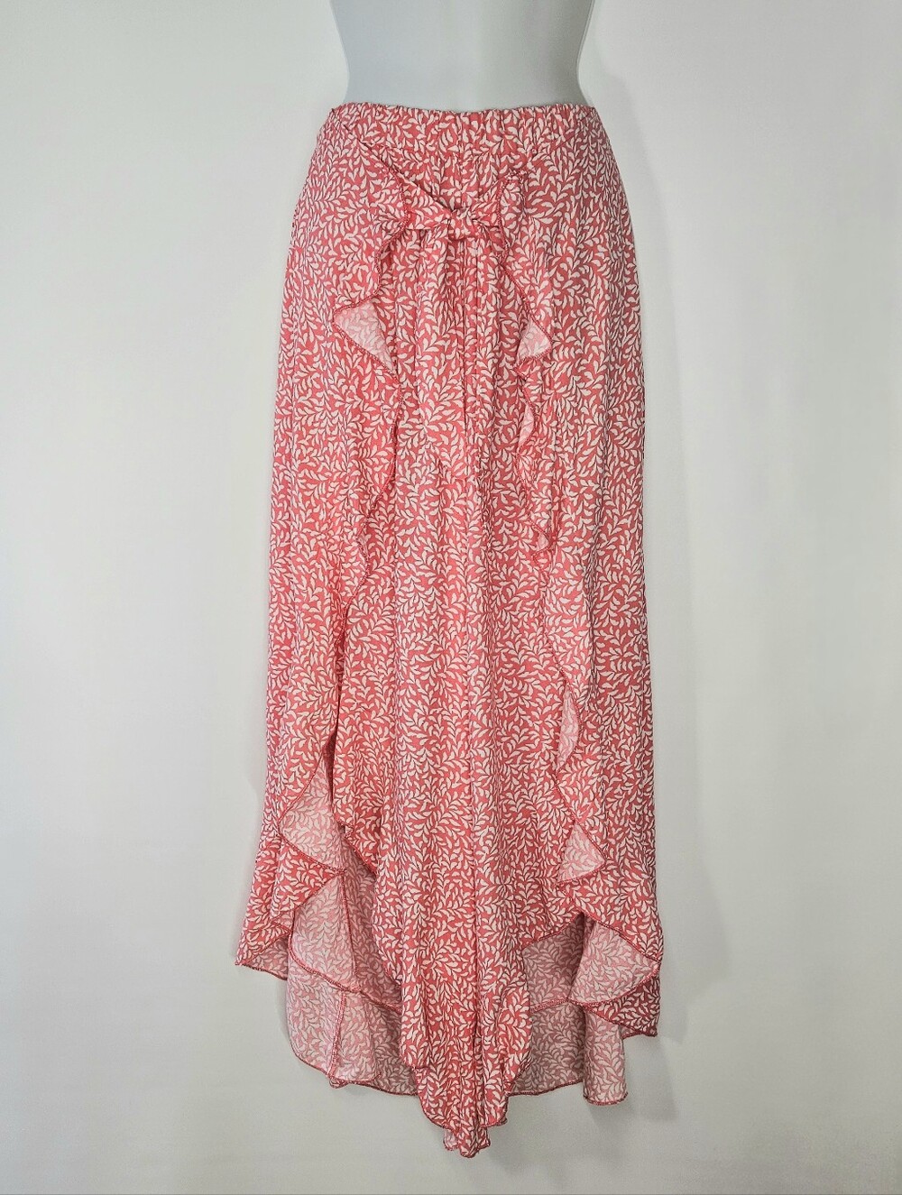 Kiwi & Punch Size L Pants Wide Leg Wrap Belt Coral Pink Leaf Ruffle Overlay Maxi